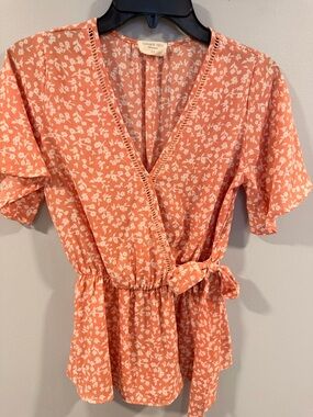 Peach Floral Wrap Blouse with Tie Waist